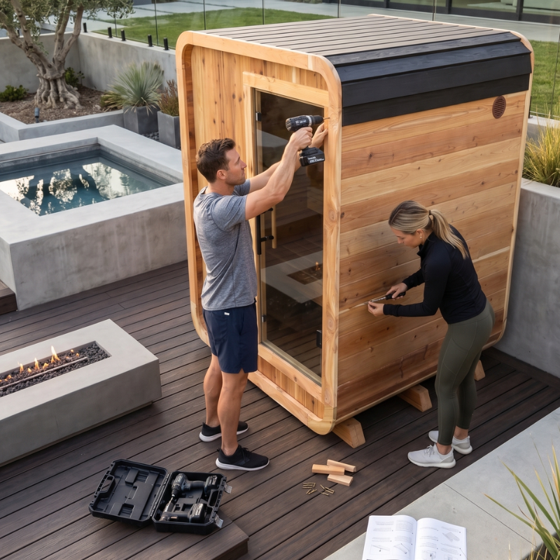 Two people assembling a wooden outdoor sauna on a patio.
