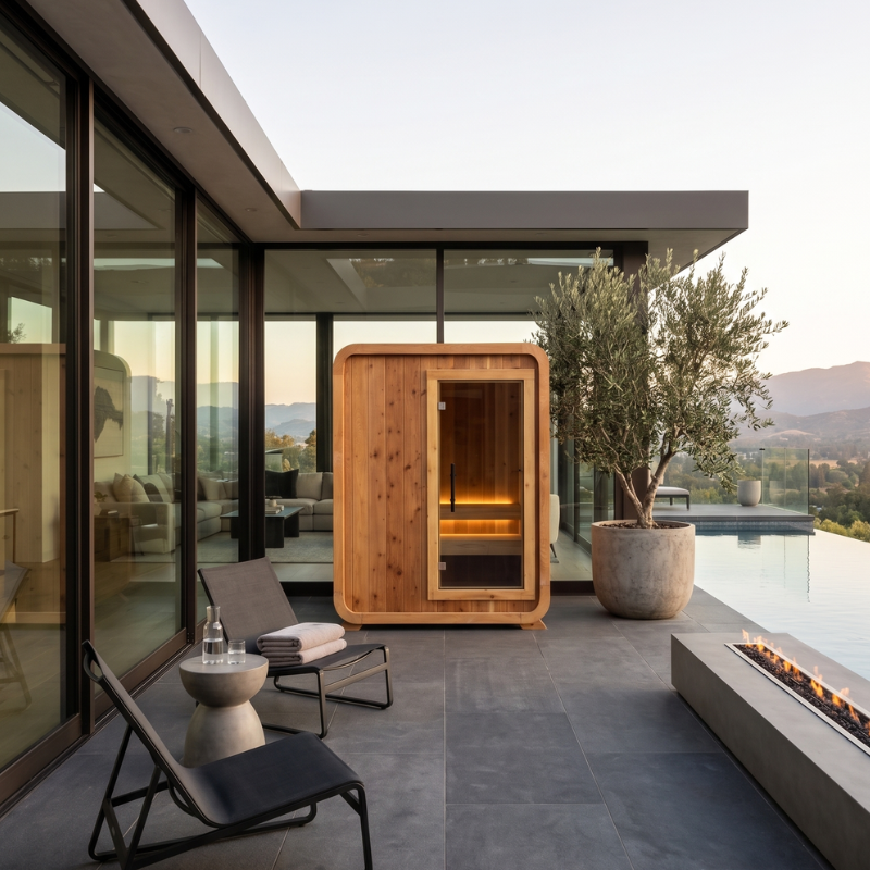 Modern outdoor living space with a wooden sauna and scenic view.