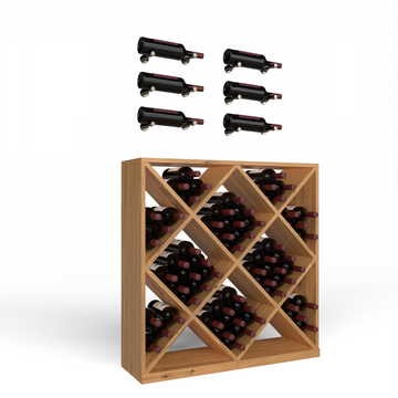 Wine Room Essentials Bundle - Diamond Cube x Vino Pin Designer Kit in Gunmetal Metal in Knotty Alder Oak stained with WineSafe™ Satin Sealant