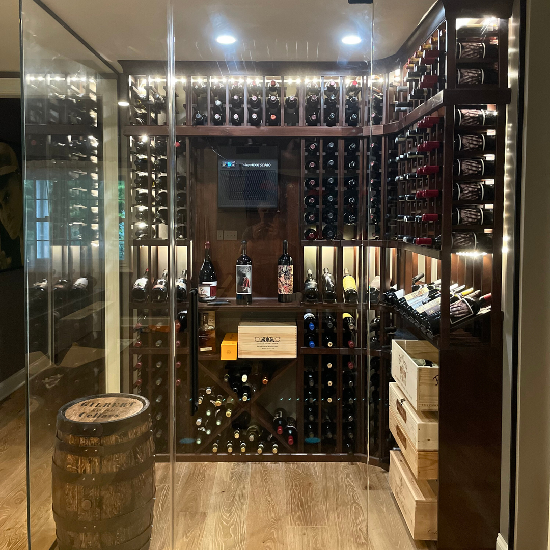 Glass Enclosed Wine Cellar Display with Dark Wood Wine Racks