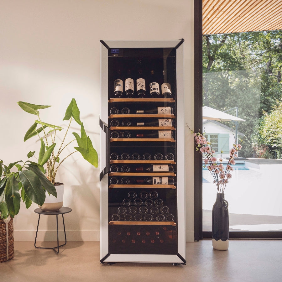 Goguette Large Single Zone Wine Fridge with Presentation Row Upgrade – White | 150+ Bottle Capacity