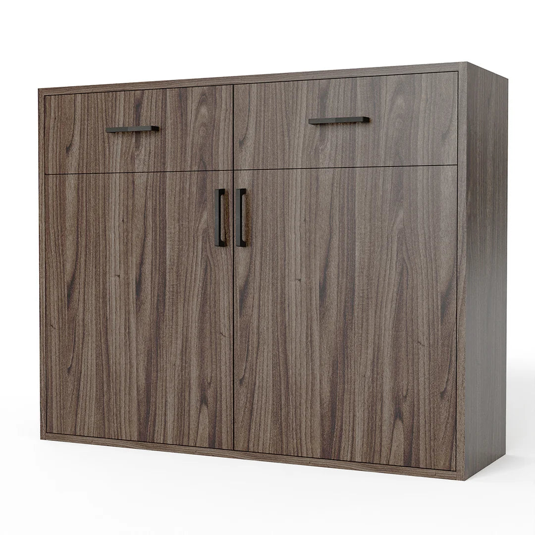 GrandCellar™ - 10 Column Full-Depth Wine & Liquor Cabinet - Black Handle Pulls in Walnut Unstained with WineSafe™ Satin Sealant