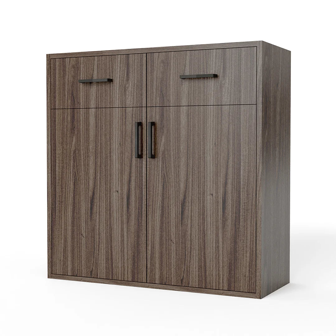 GrandCellar™ - 8 Column Full-Depth Wine & Liquor Cabinet - Black Handle Pulls in Walnut Unstained with WineSafe™ Satin Sealant