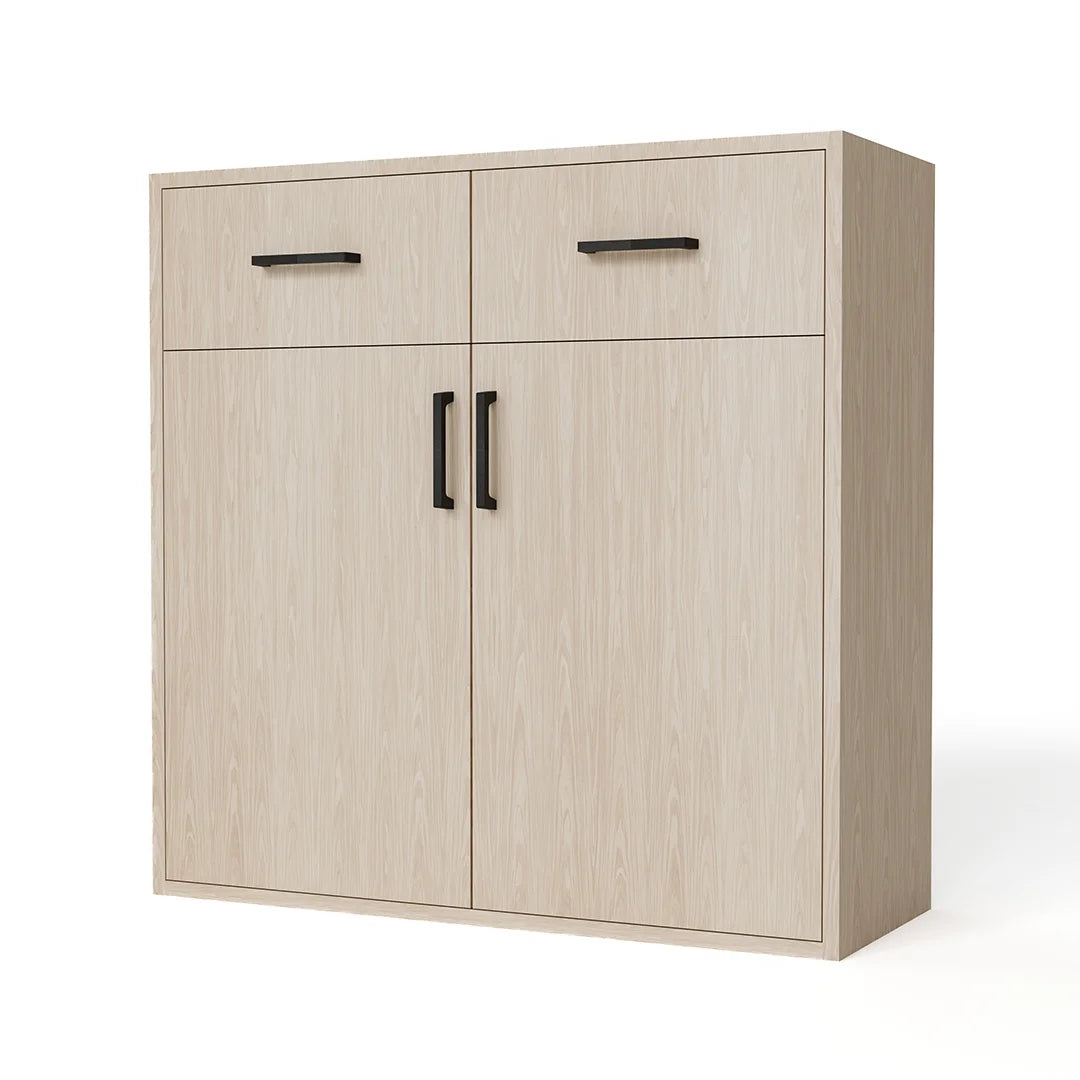 GrandCellar™ - 8 Column Full-Depth Wine & Liquor Cabinet - Black Handle Pulls in White Oak Unstained without WineSafe™ Satin Sealant