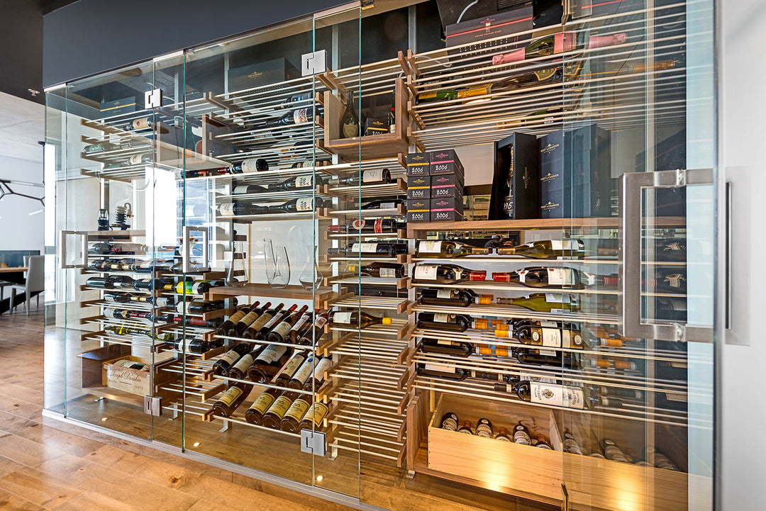 Glass Wine Cellar Display with Metal Wine Racks