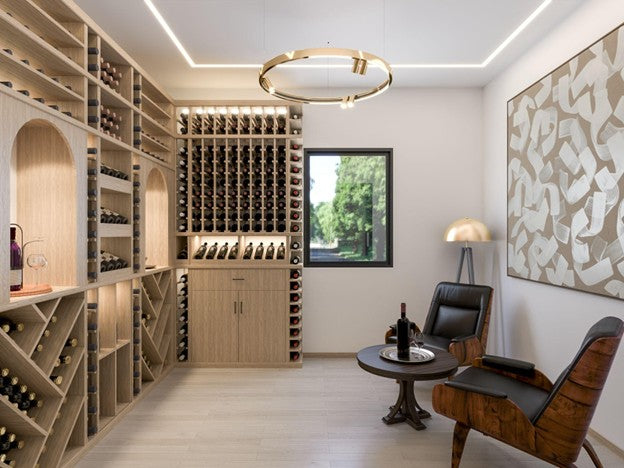 GrandCellar Wood Wine Cellar Wall with Arches and Accent Lighting