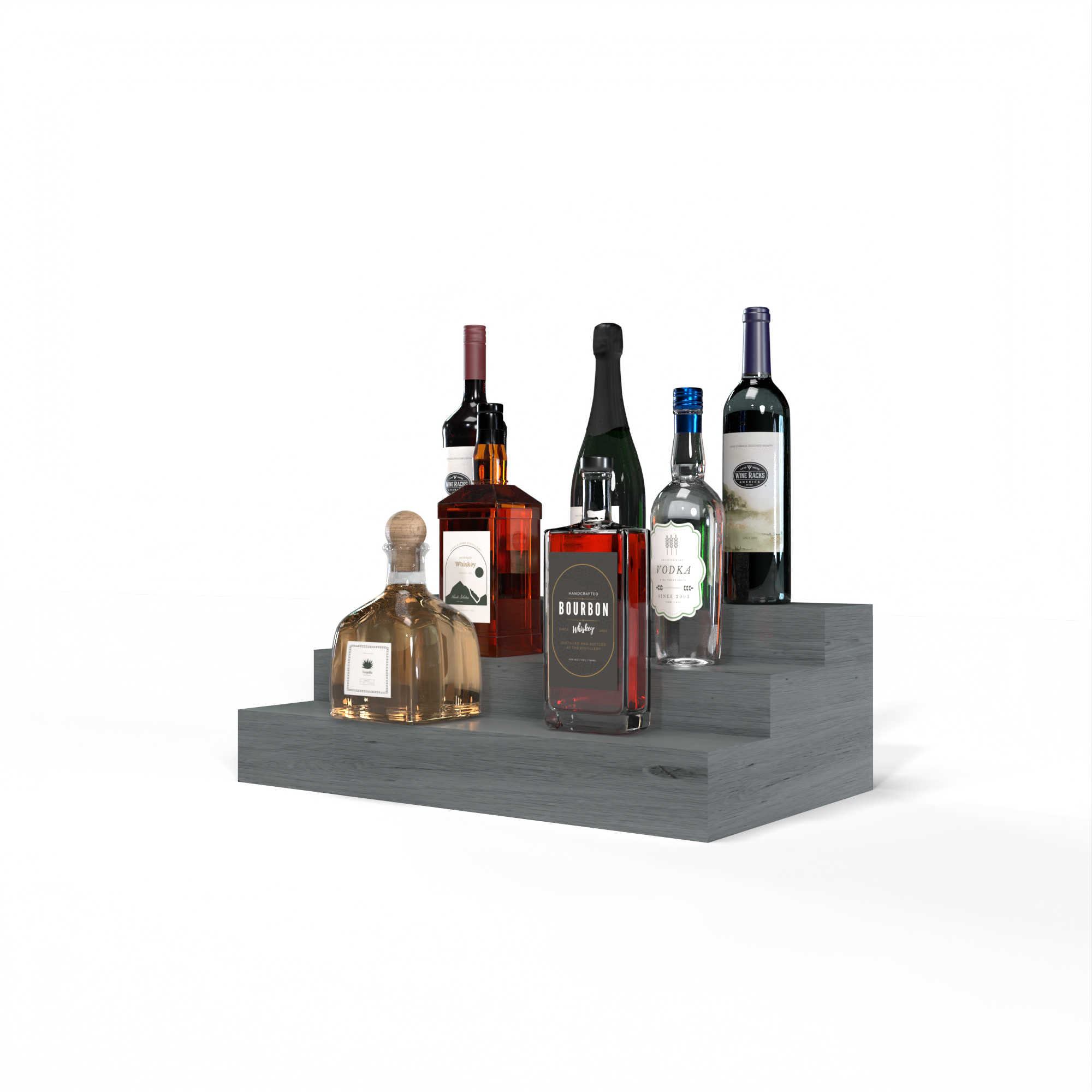 Liquor Riser, 3 Riser 4 Column in Knotty Alder Greywash stained with WineSafe™ Satin Sealant