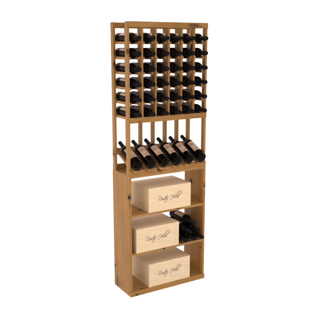 InstaCellar - 6 Column High Reveal Case Bin Combo in Knotty Alder Oak stained with WineSafe™ Satin Sealant