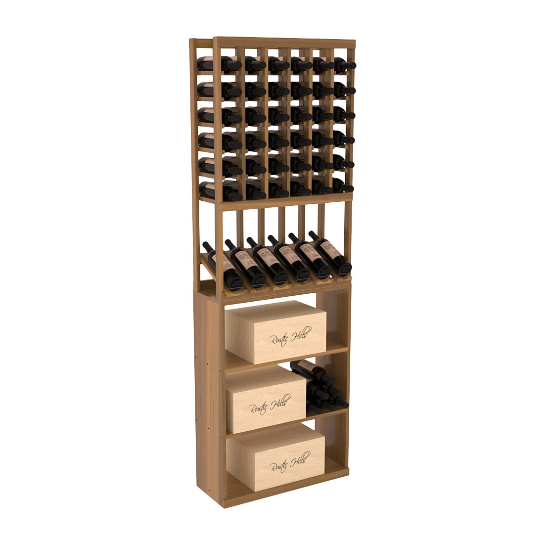 InstaCellar - 6 Column High Reveal Case Bin Combo in Premium Redwood Oak stained with WineSafe™ Satin Sealant