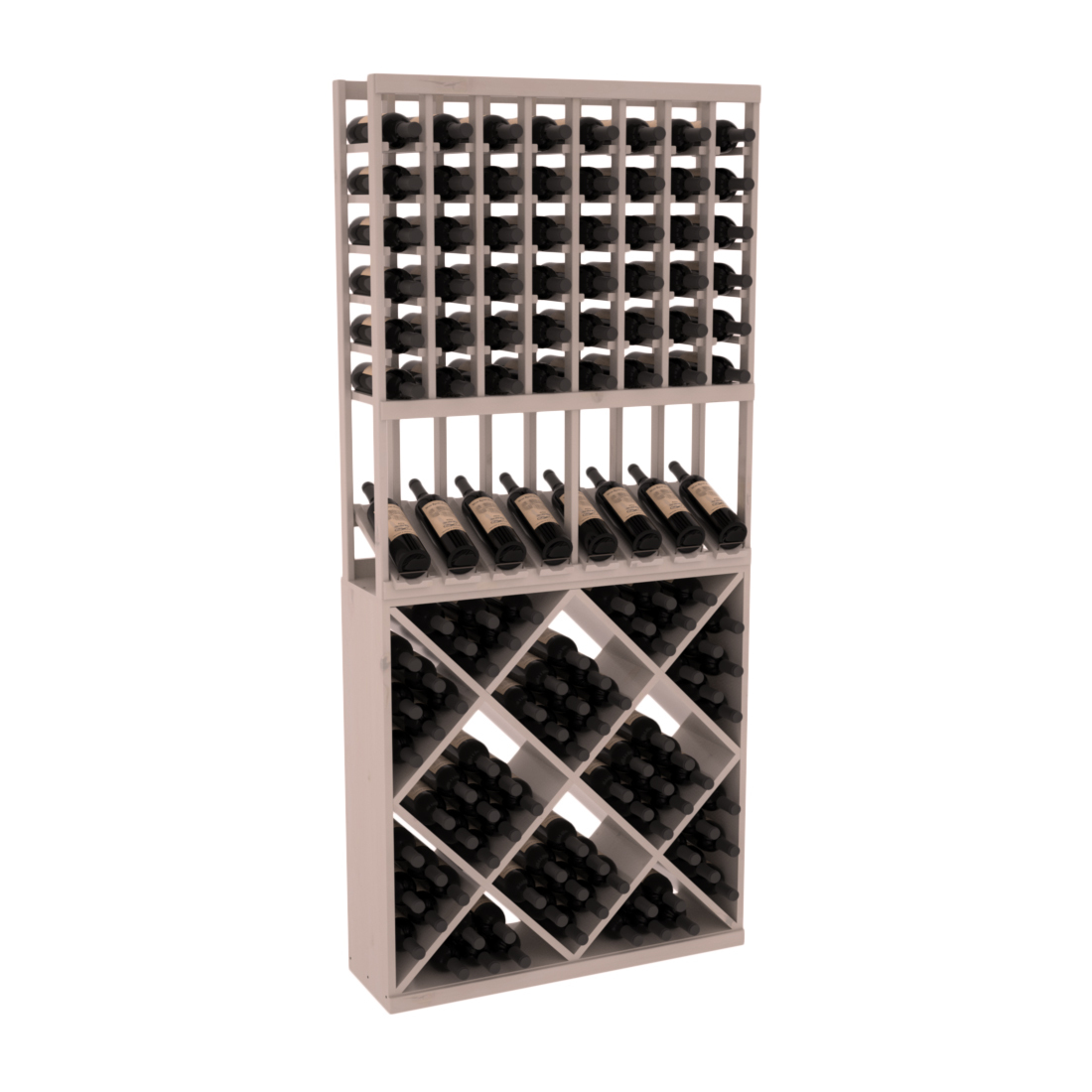 InstaCellar - 8 Column High Reveal 82 Cube Combo in Knotty Alder Greywash stained with WineSafe™ Satin Sealant