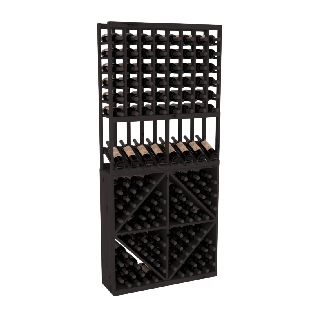 InstaCellar - 8 Column High Reveal 96 Bin Combo in Knotty Alder Black stained without WineSafe™ Satin Sealant