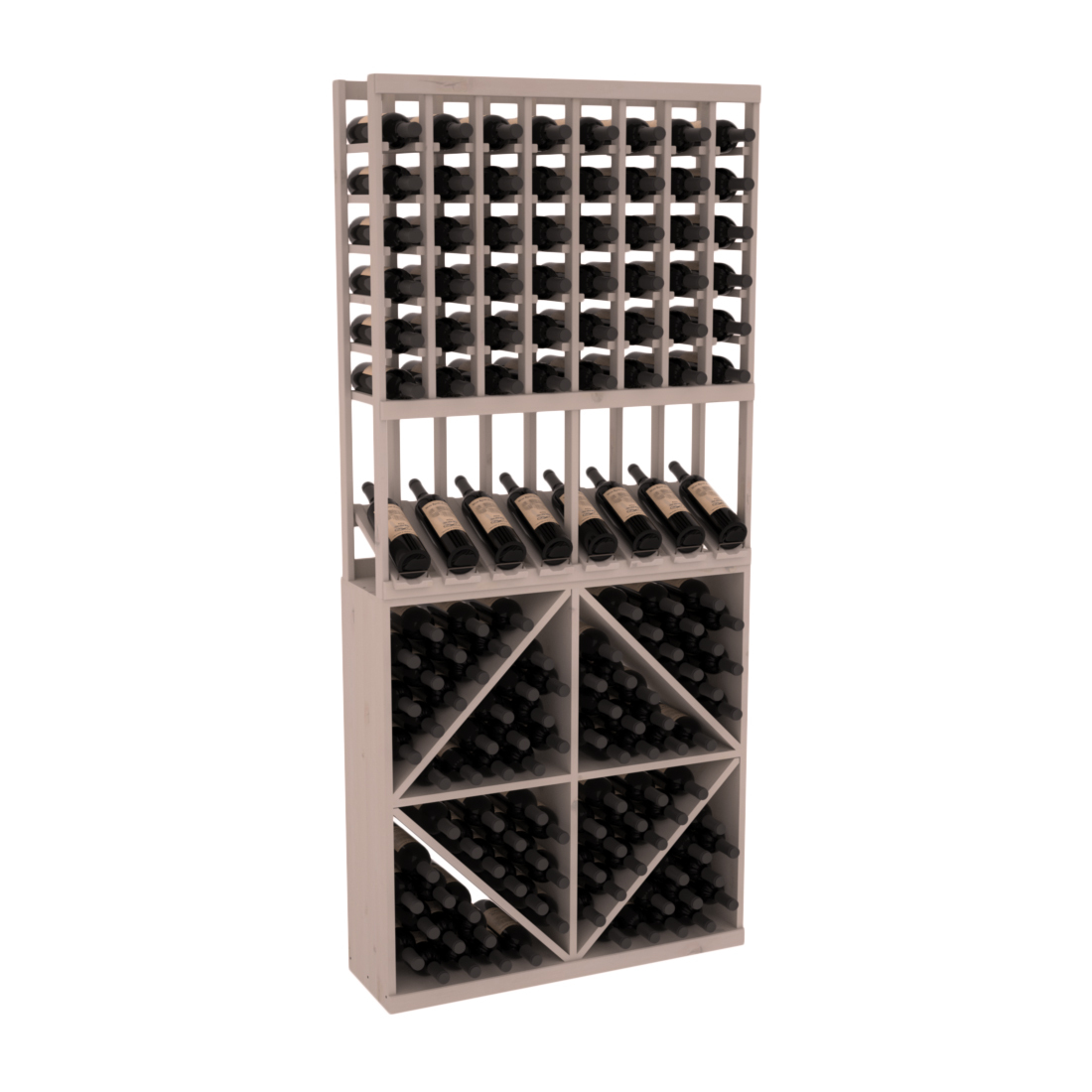 InstaCellar - 8 Column High Reveal 96 Bin Combo in Knotty Alder Greywash stained without WineSafe™ Satin Sealant
