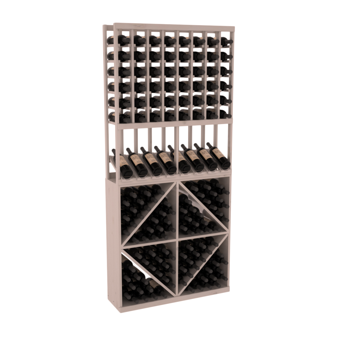 InstaCellar - 8 Column High Reveal 96 Bin Combo in Knotty Alder Greywash stained with WineSafe™ Satin Sealant