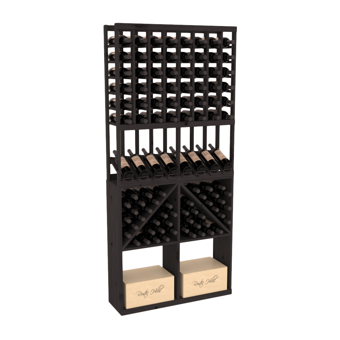 InstaCellar - 8 Column High Reveal 96 Bin /Case Combo in Knotty Alder Black stained without WineSafe™ Satin Sealant
