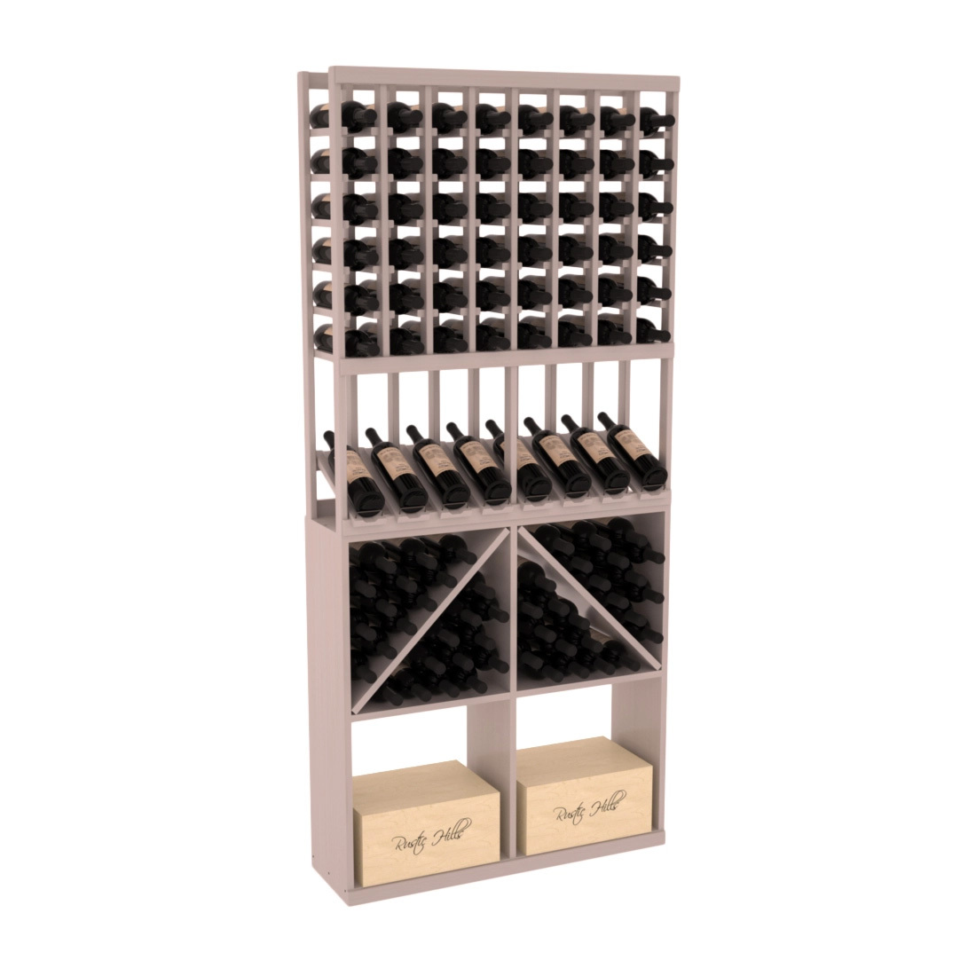 InstaCellar - 8 Column High Reveal 96 Bin /Case Combo in Grand Mahogany Greywash stained with WineSafe™ Satin Sealant