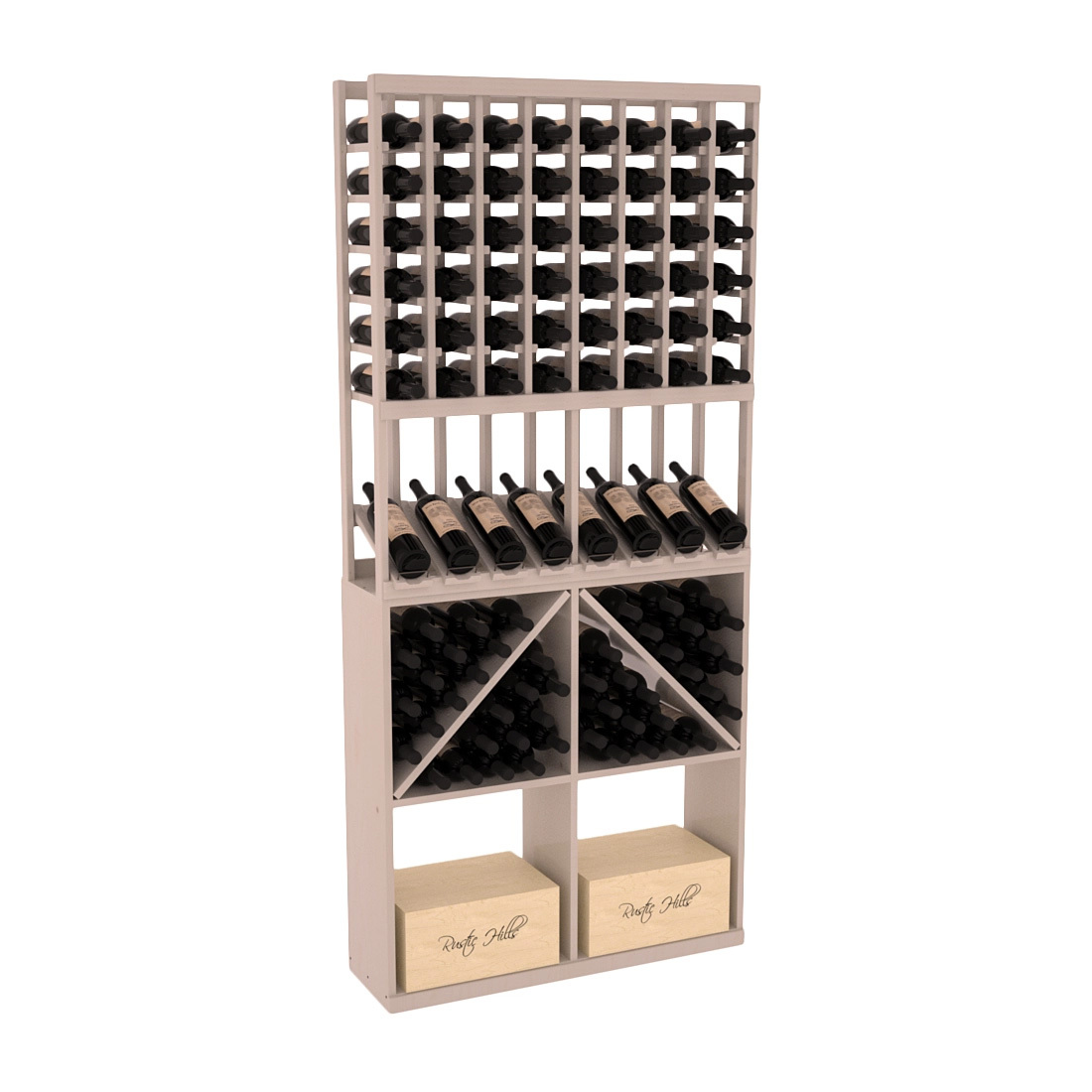 InstaCellar - 8 Column High Reveal 96 Bin /Case Combo in Ponderosa Pine Greywash stained with WineSafe™ Satin Sealant