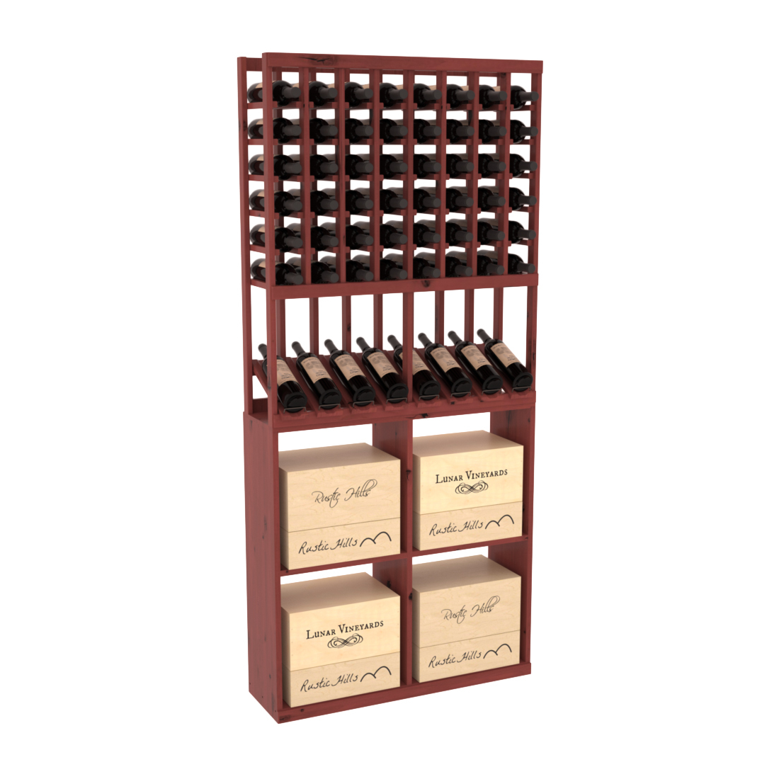 InstaCellar - 8 Column High Reveal 96 Case Combo in Knotty Alder Cherry stained with WineSafe™ Satin Sealant