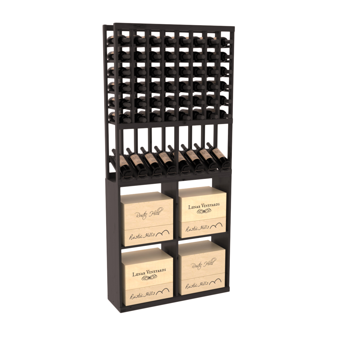InstaCellar - 8 Column High Reveal 96 Case Combo in Knotty Alder Black stained with WineSafe™ Satin Sealant