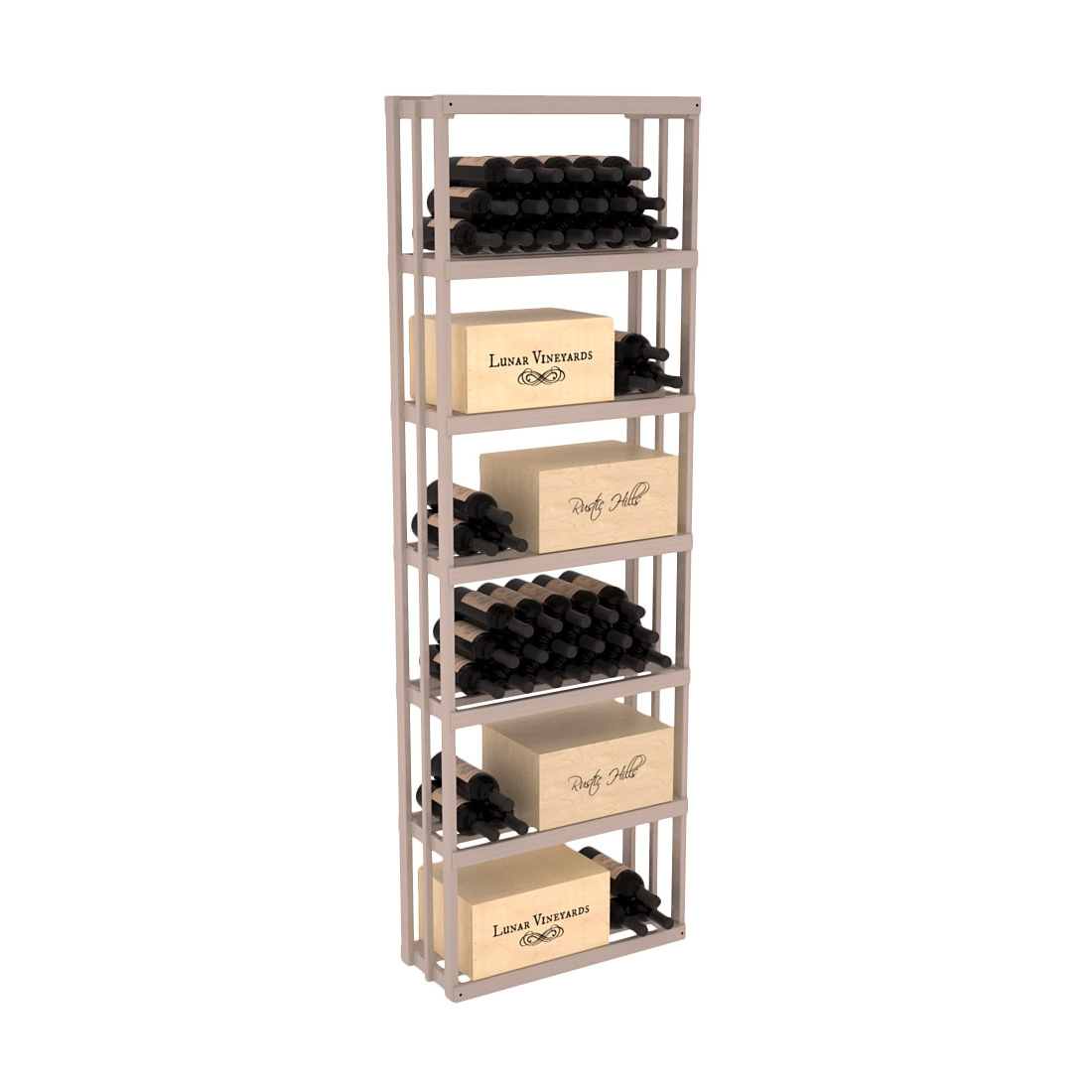 InstaCellar - Rectangle Bin Rack in Ponderosa Pine Greywash stained with WineSafe™ Satin Sealant
