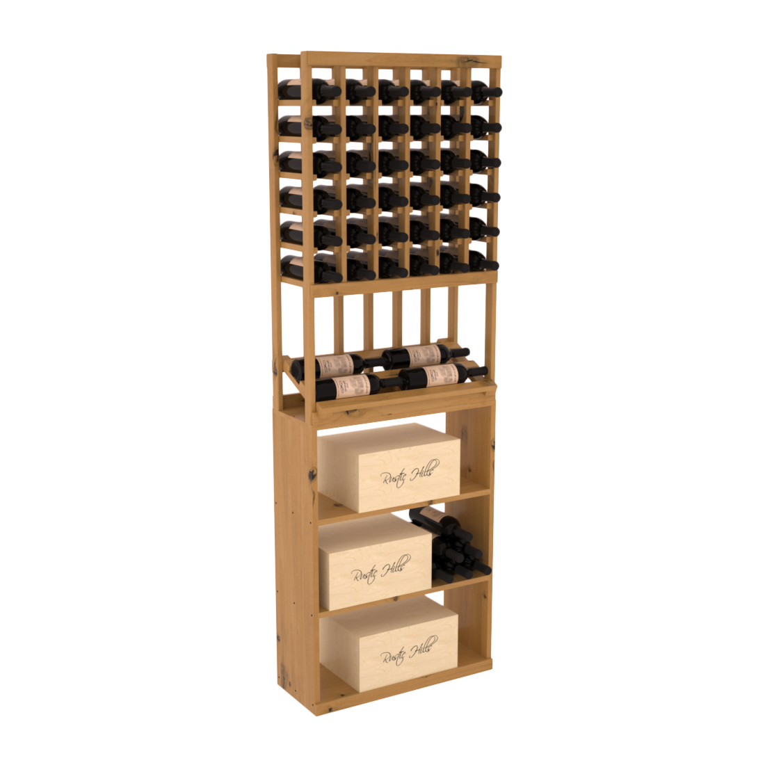 InstaCellar - 6 Column Side Display Case Bin Combo in Knotty Alder Oak stained with WineSafe™ Satin Sealant