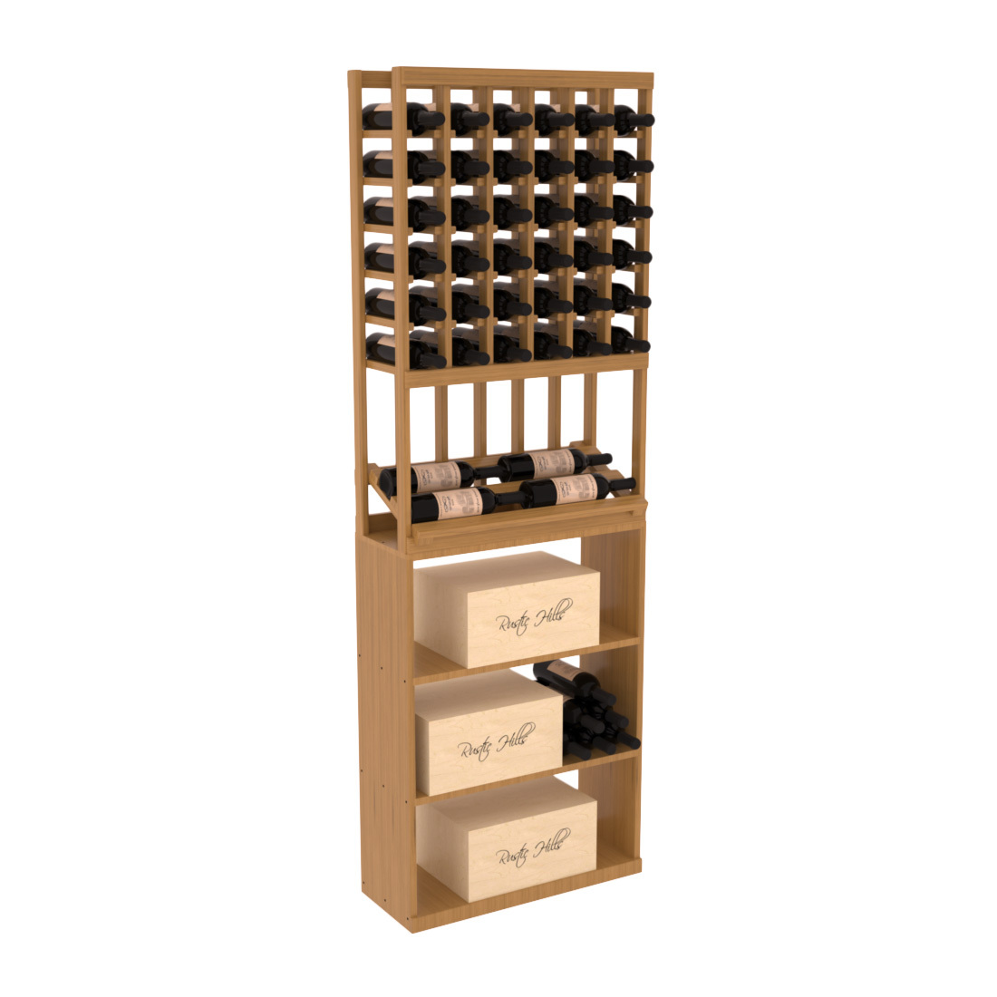 InstaCellar - 6 Column Side Display Case Bin Combo in Grand Mahogany Oak stained with WineSafe™ Satin Sealant