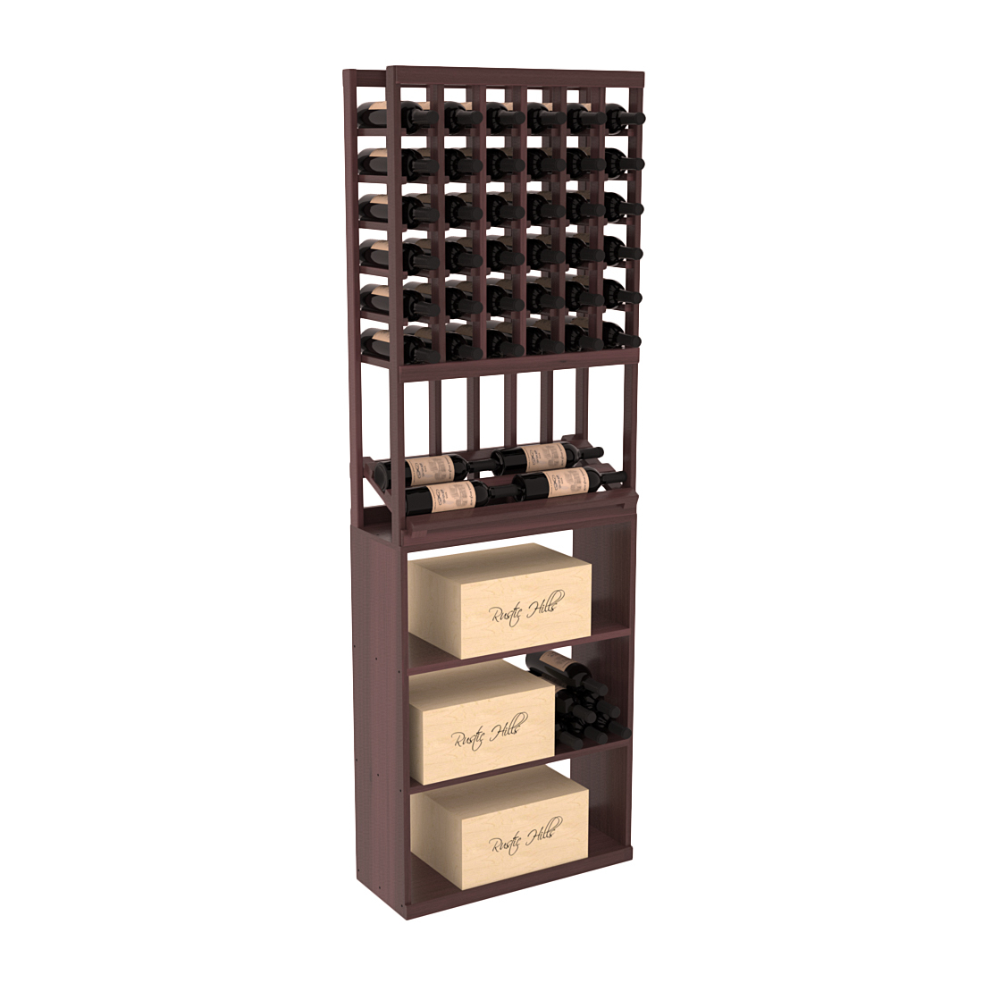 InstaCellar - 6 Column Side Display Case Bin Combo in Premium Redwood Walnut stained with WineSafe™ Satin Sealant