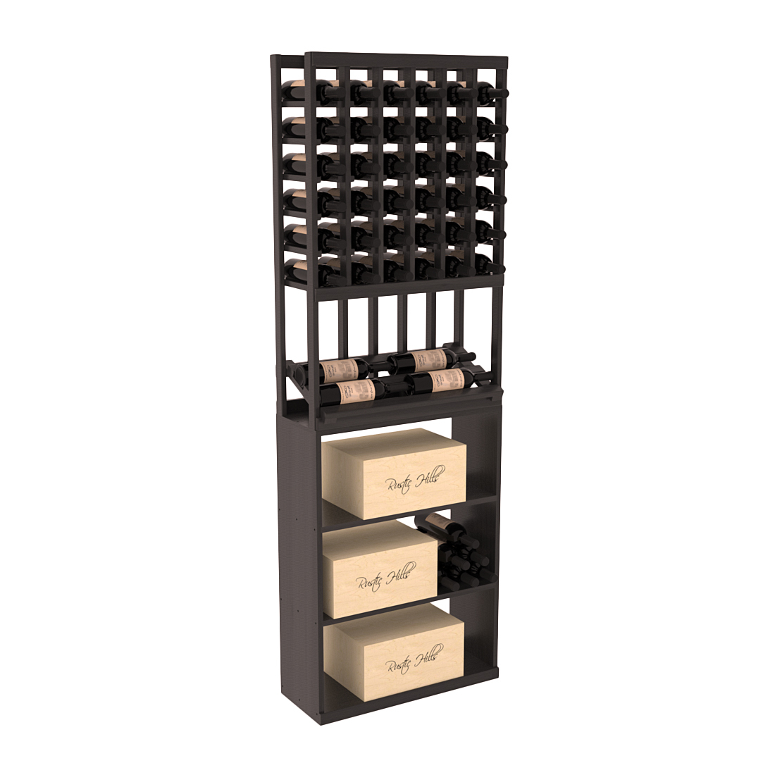 InstaCellar - 6 Column Side Display Case Bin Combo in Premium Redwood Black stained with WineSafe™ Satin Sealant