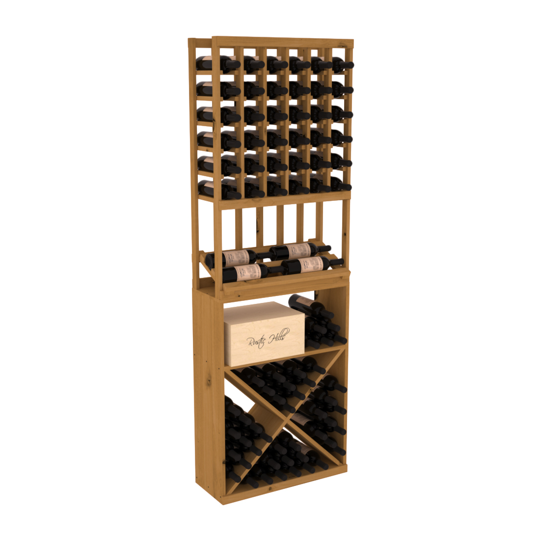 InstaCellar - 6 Column Side Display X Bin Combo in Knotty Alder Oak stained without WineSafe™ Satin Sealant