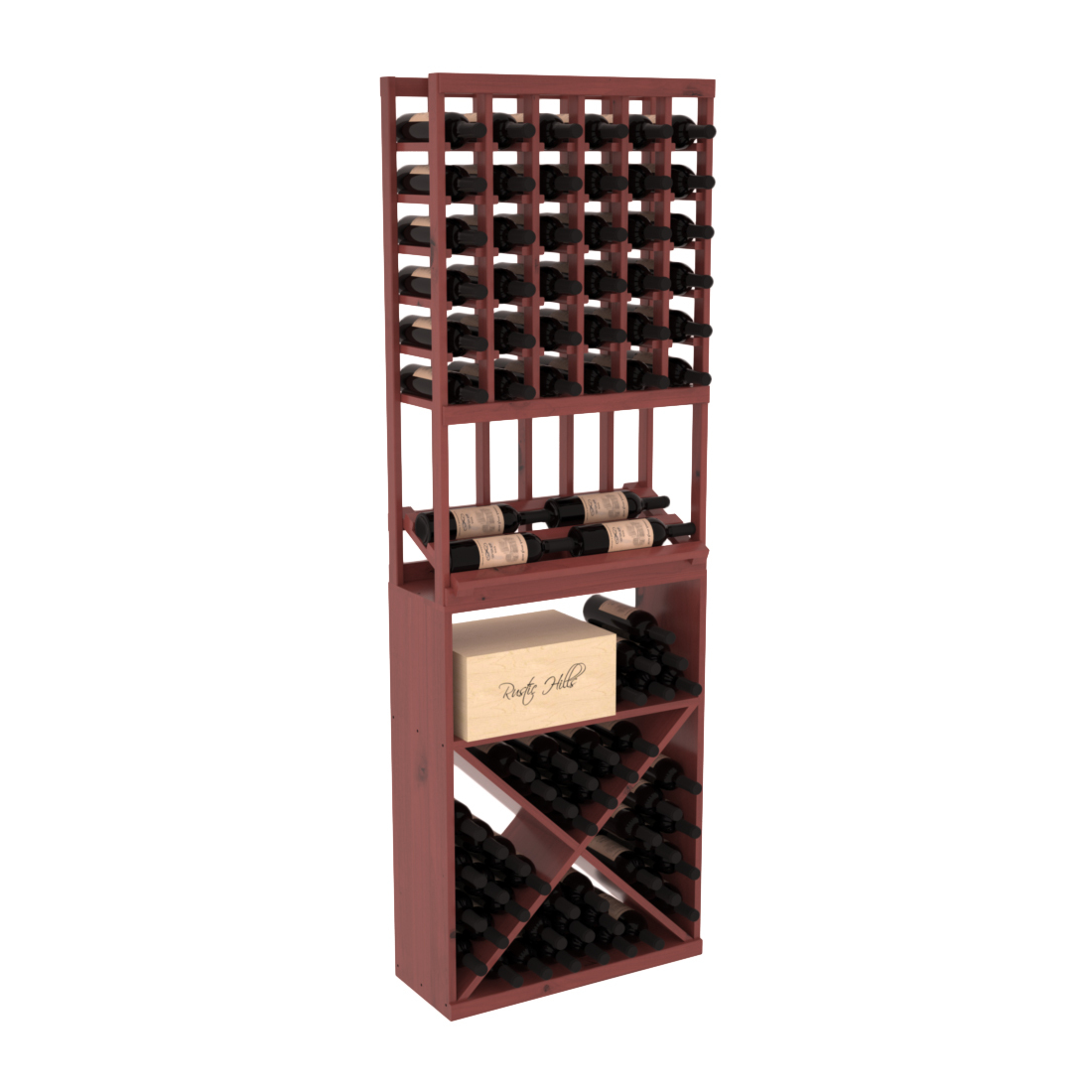 InstaCellar - 6 Column Side Display X Bin Combo in Knotty Alder Cherry stained with WineSafe™ Satin Sealant