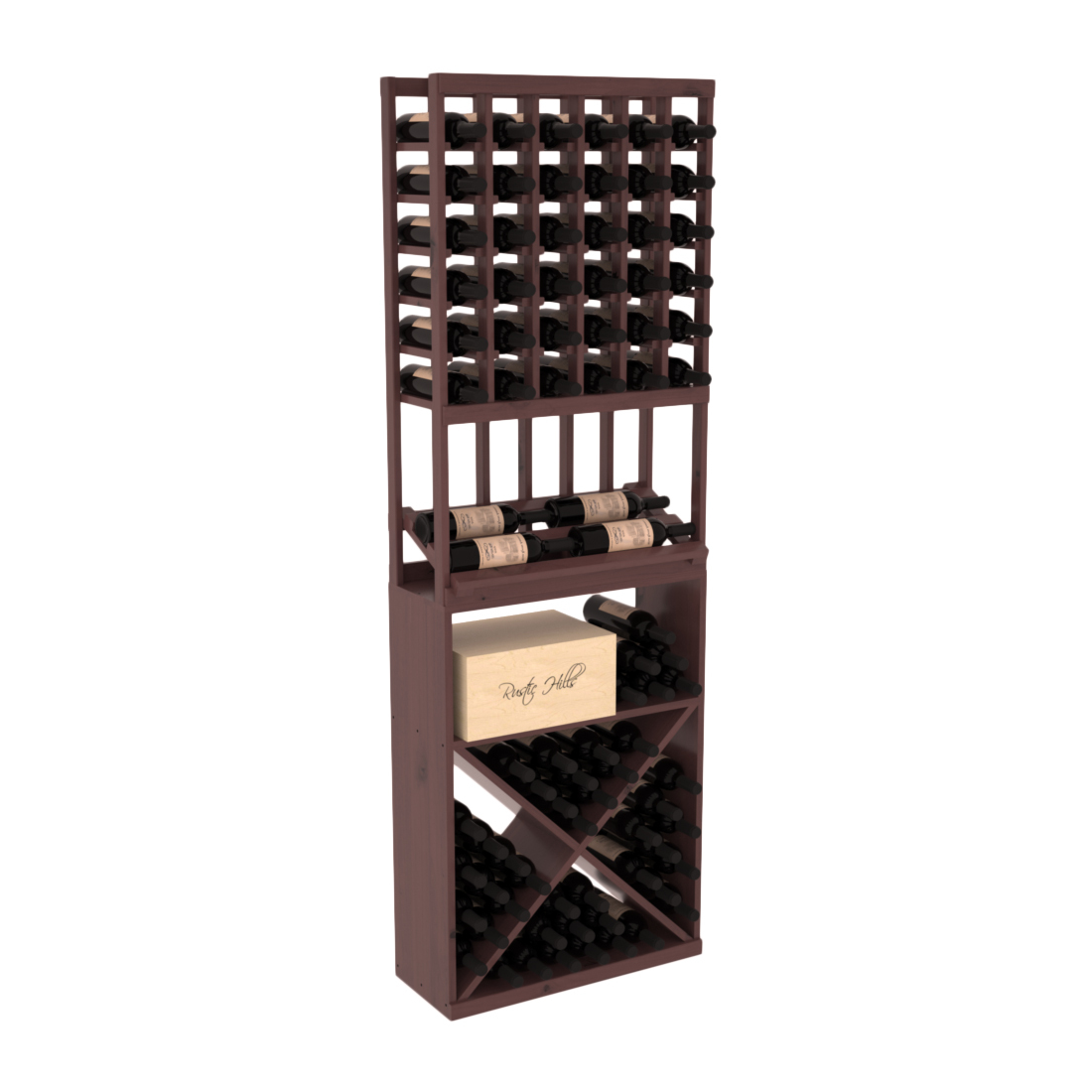 InstaCellar - 6 Column Side Display X Bin Combo in Knotty Alder Walnut stained with WineSafe™ Satin Sealant