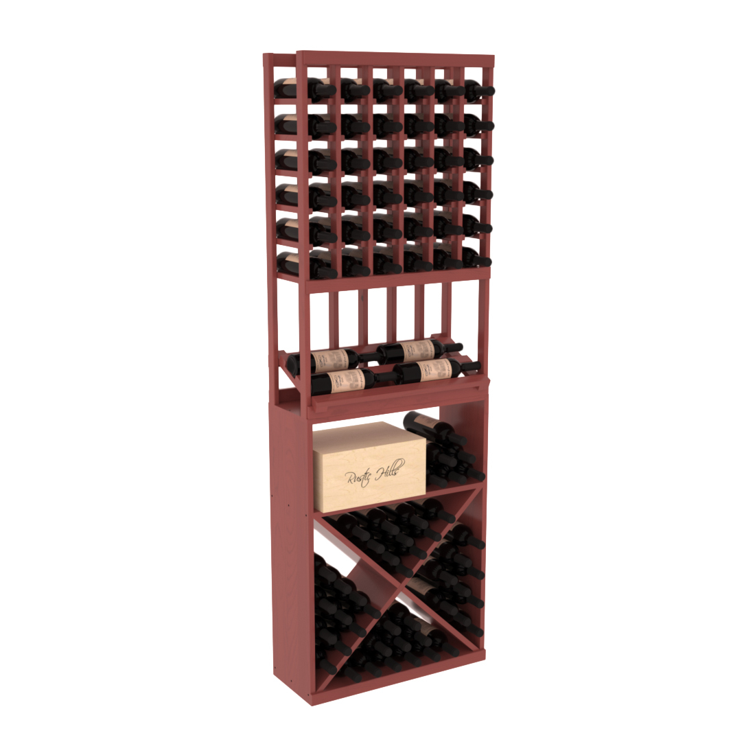 InstaCellar - 6 Column Side Display X Bin Combo in Ponderosa Pine Cherry stained with WineSafe™ Satin Sealant