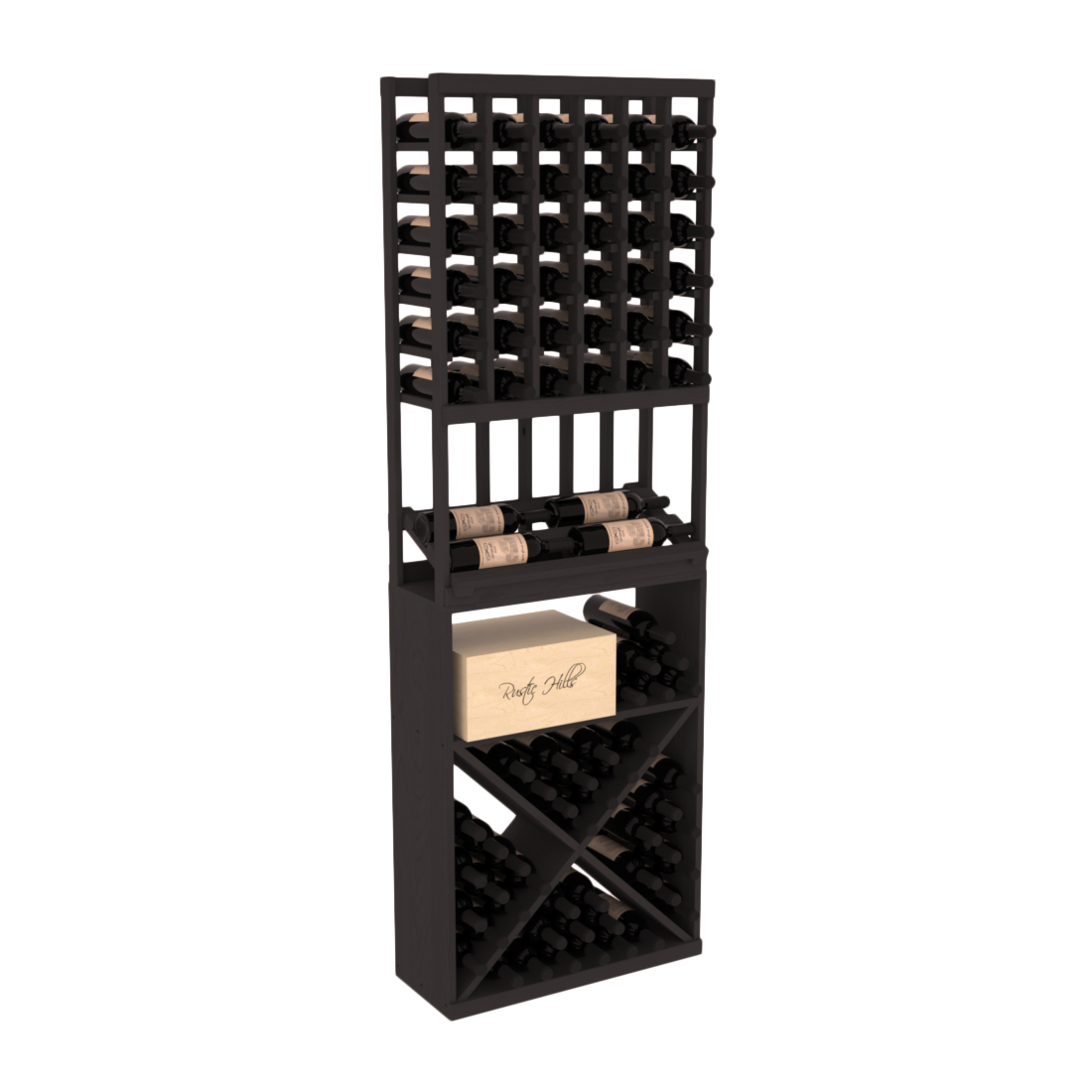 InstaCellar - 6 Column Side Display X Bin Combo in Ponderosa Pine Black stained without WineSafe™ Satin Sealant