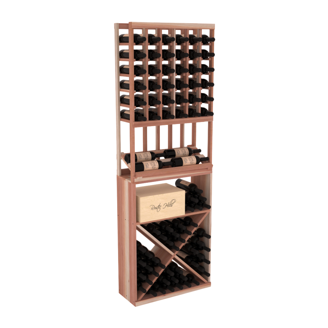 InstaCellar - 6 Column Side Display X Bin Combo in Premium Redwood Unstained without WineSafe™ Satin Sealant