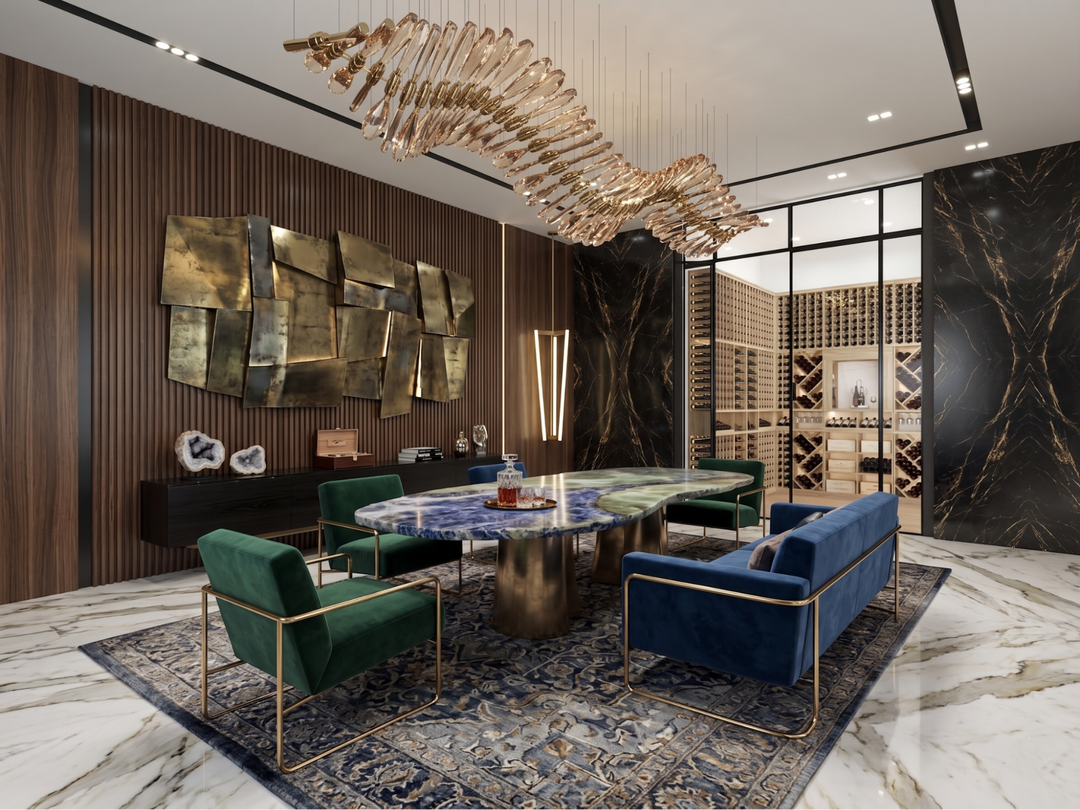 Luxurious living room with modern furniture and a glass enclosed wine cellar with wood wine racks