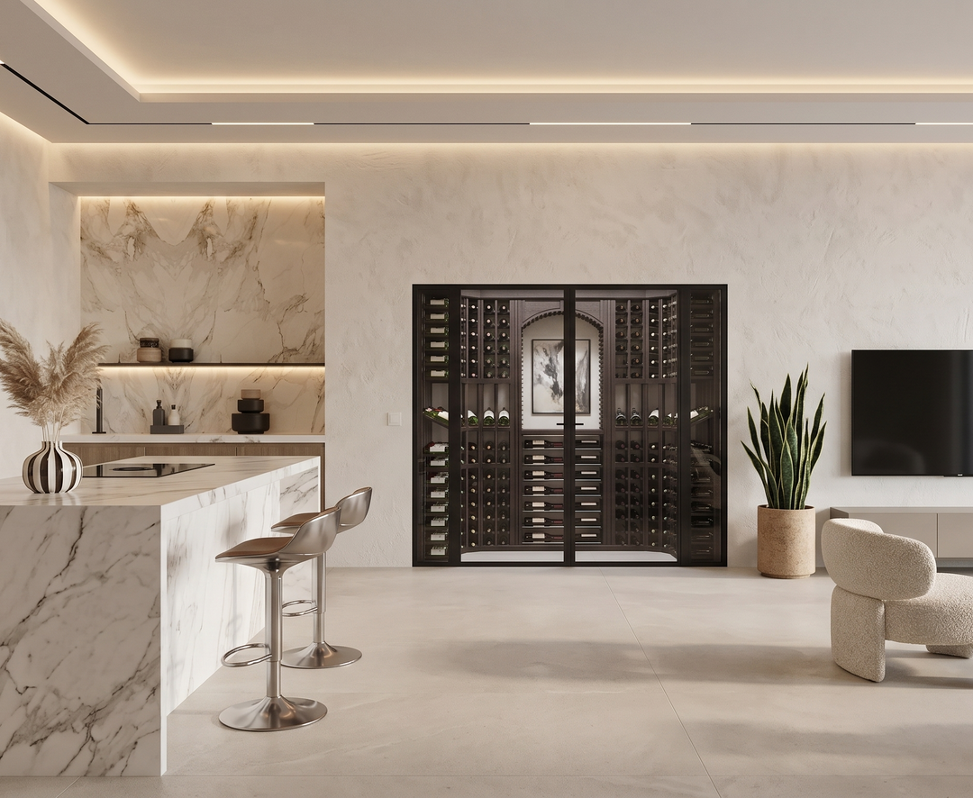 Modern interior with a glass enclosed wine cellar, bar area, and living room.