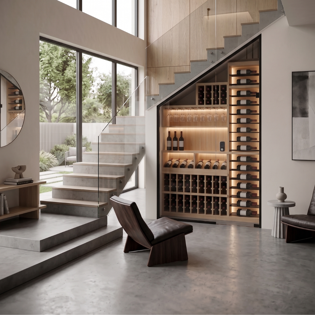 Modern interior with a staircase and wine cellar