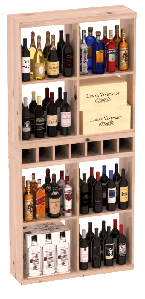 InstaCellar - Liquor Case Bin x2 Cubby Combo in Knotty Alder Unstained with WineSafe™ Satin Sealant
