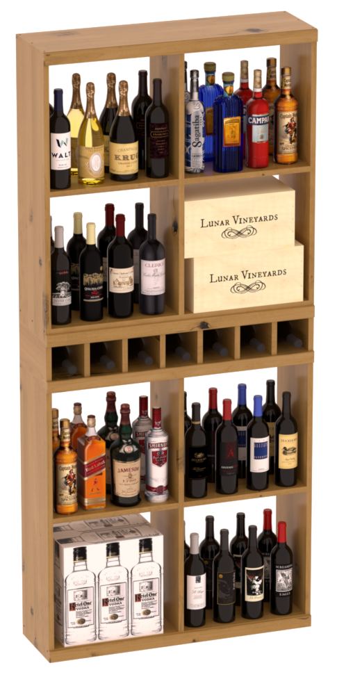 InstaCellar - Liquor Case Bin x2 Cubby Combo in Knotty Alder Oak stained with WineSafe™ Satin Sealant