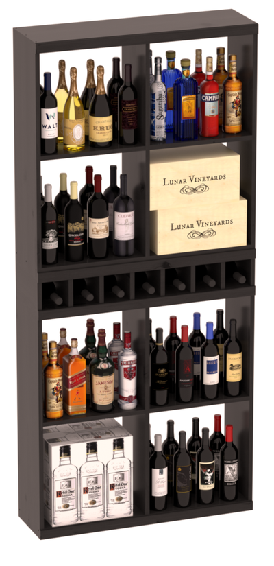 InstaCellar - Liquor Case Bin x2 Cubby Combo in Knotty Alder Black stained with WineSafe™ Satin Sealant
