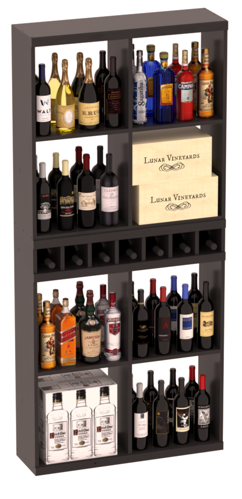 InstaCellar - Liquor Case Bin x2 Cubby Combo in Ponderosa Pine Black stained with WineSafe™ Satin Sealant