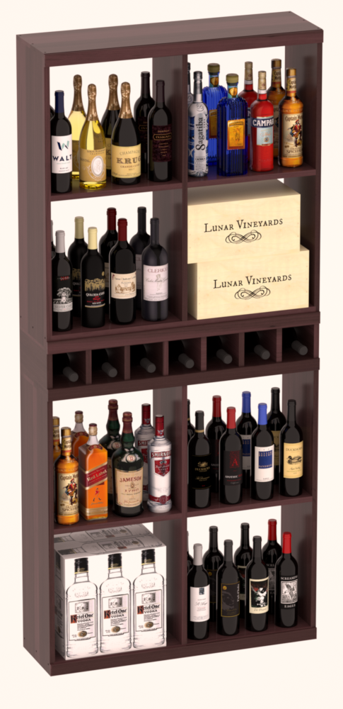 InstaCellar - Liquor Case Bin x2 Cubby Combo in Premium Redwood Walnut stained with WineSafe™ Satin Sealant