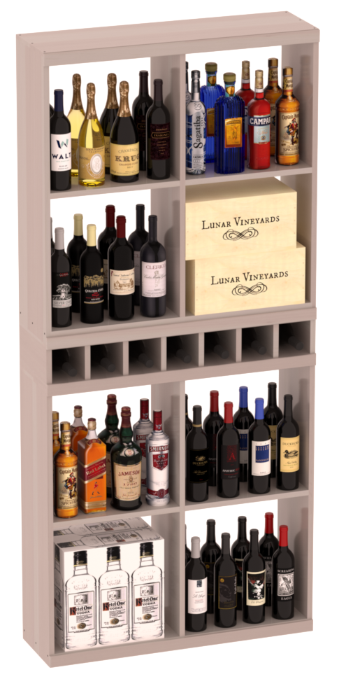 InstaCellar - Liquor Case Bin x2 Cubby Combo in Premium Redwood Greywash stained with WineSafe™ Satin Sealant