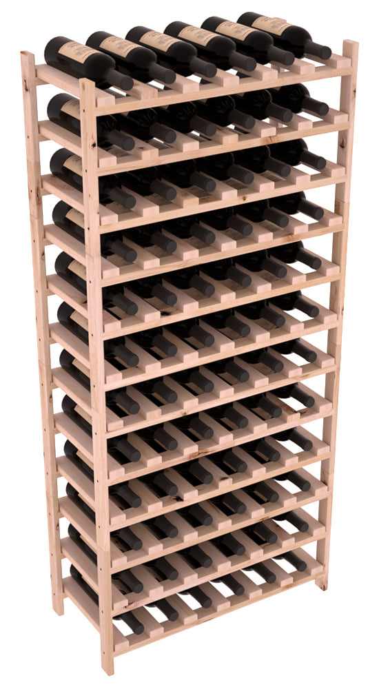 Wooden wine rack with multiple shelves holding wine bottles on a white background