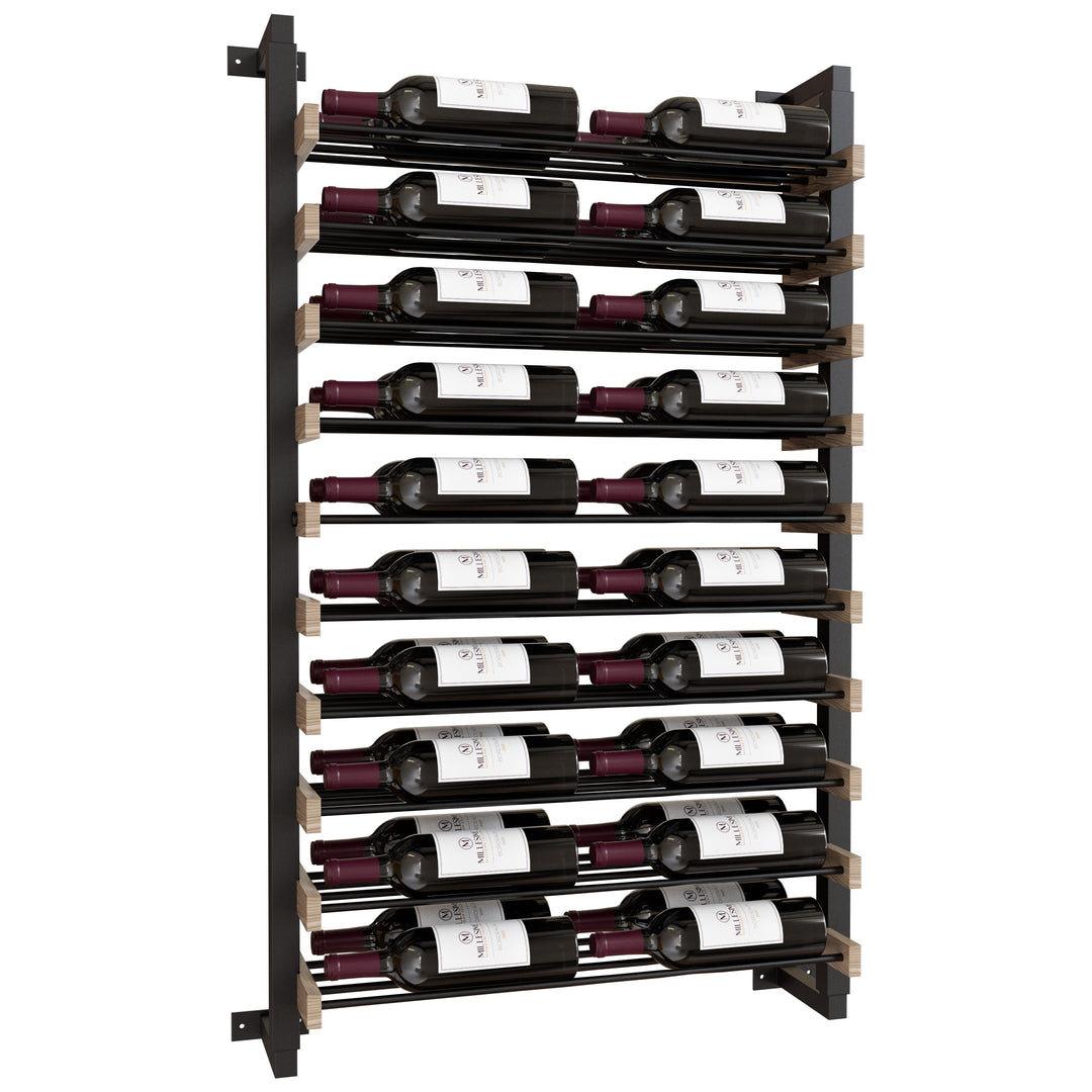 Metal and Wood Wall-mounted wine rack for 40 wine bottles on a white background