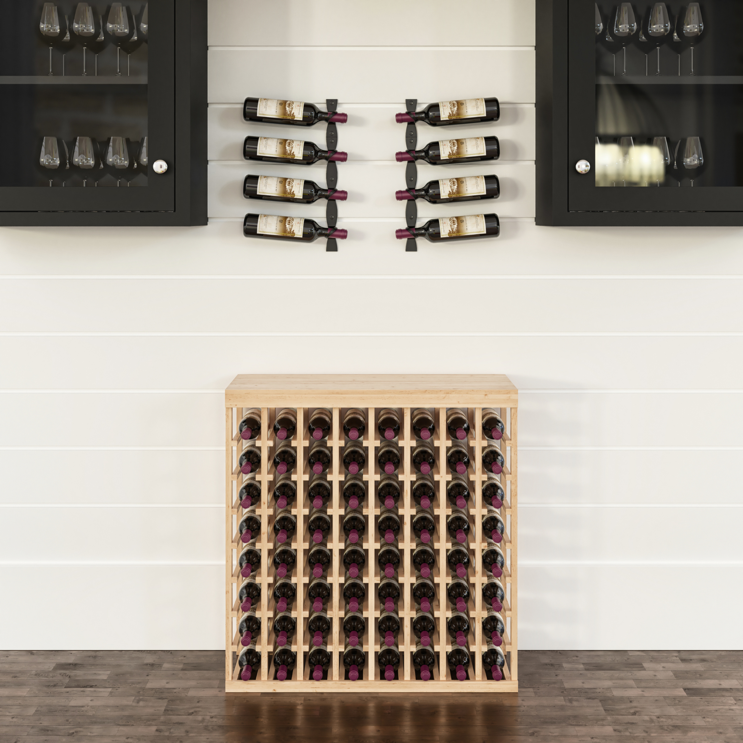 Wine Room Essentials Bundle - 64 Bottle Tabletop x Helix Wine Rack in Matte Black Metal in Ponderosa Pine Unstained with WineSafe™ Satin Sealant