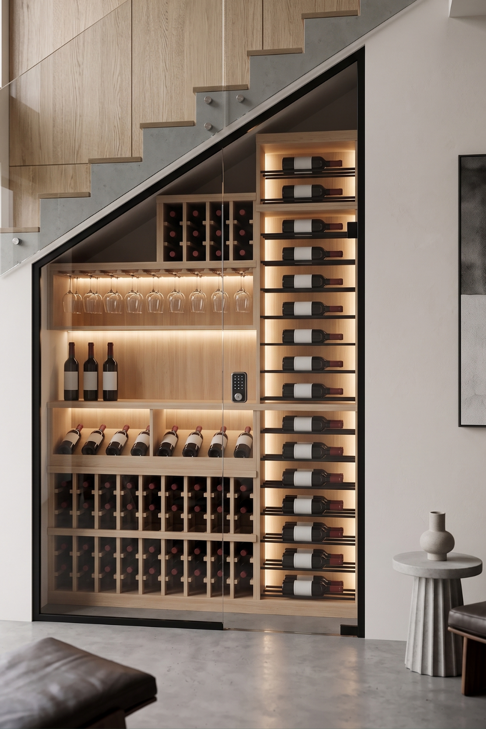 Under-stair wine cellar with wooden shelves and bottles in a modern home setting.