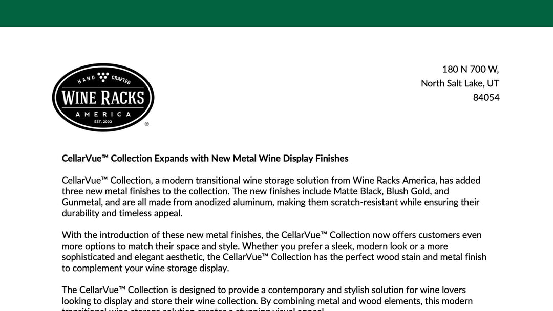 CellarVue Collection Expands with New Metal Wine Display Finishes Press Release