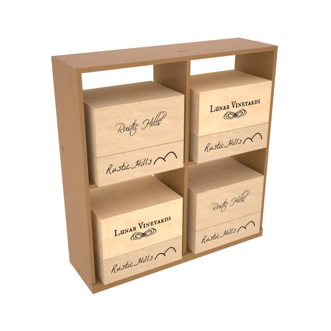 Retail Open Bin Base Display in Ponderosa Pine Oak stained with WineSafe™ Satin Sealant