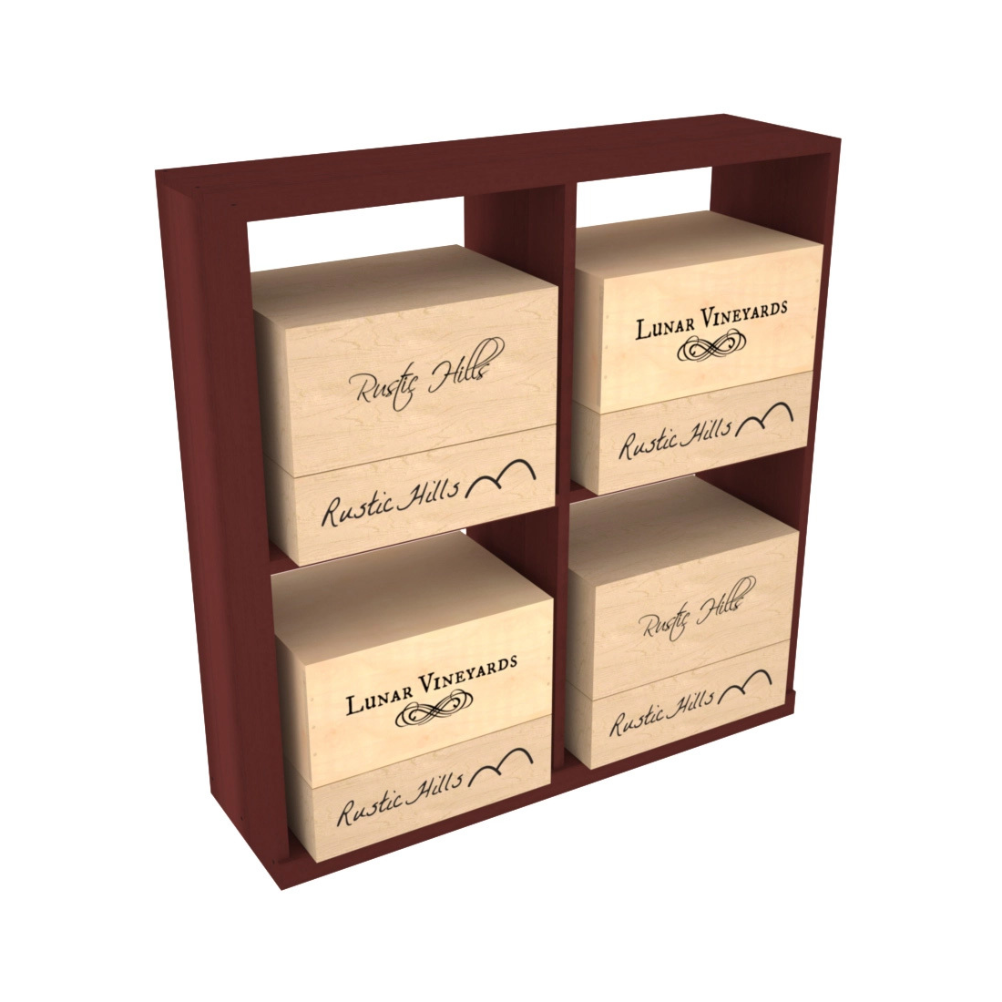 Retail Open Bin Base Display in Premium Redwood Cherry stained without WineSafe™ Satin Sealant