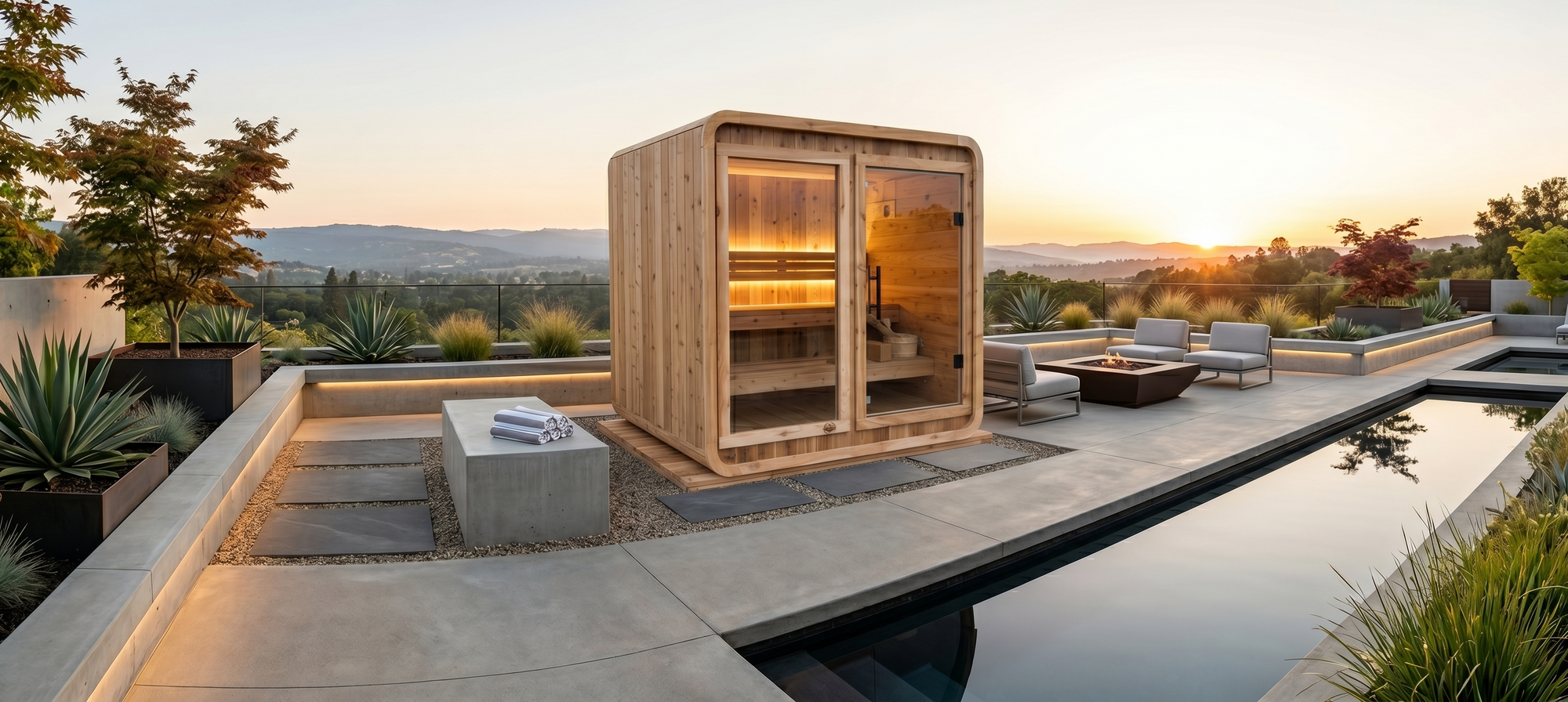Wooden outdoor sauna with a scenic view of mountains and sunset.